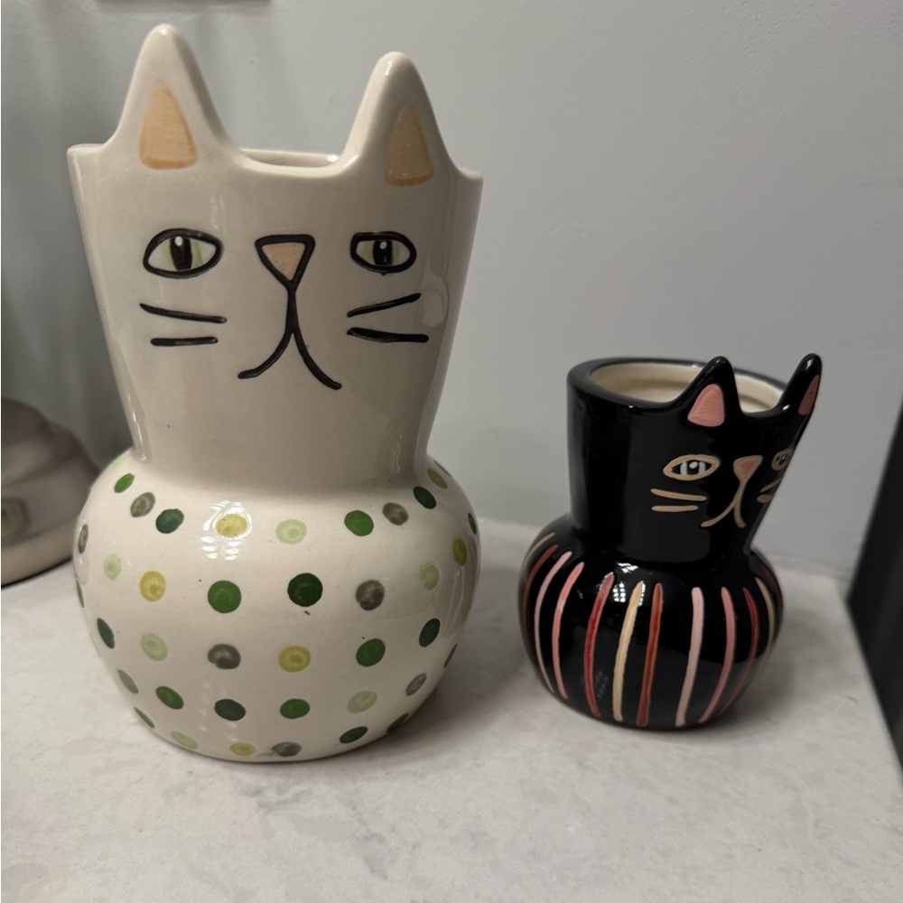 Threshold Ceramic Cat Vases in Cream with Green Dots and Black with Pink Stripes